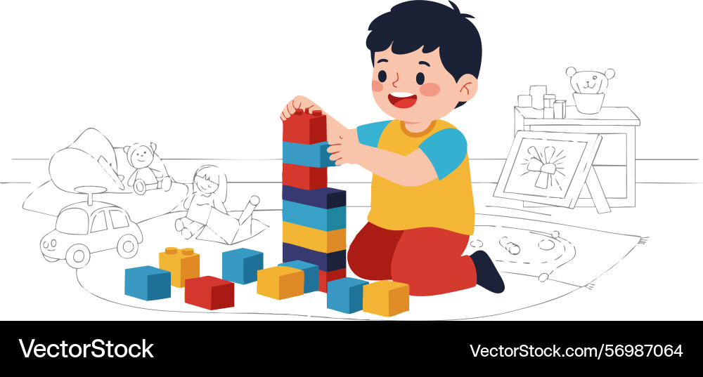 Boy playing with colorful building blocks tower Boy playing with colorful building blocks tower vector image
