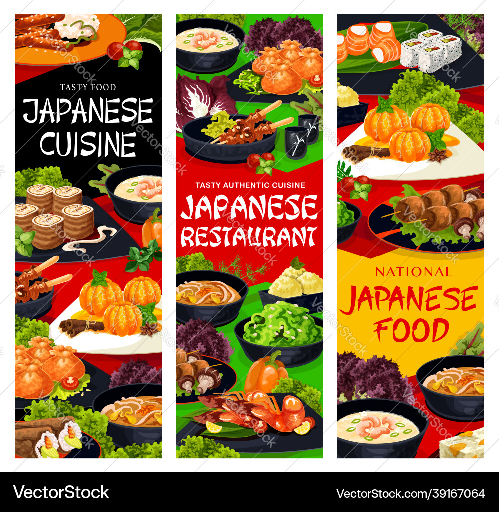 Japanese cuisine restaurant meals banners Japanese cuisine restaurant meals banners vector image