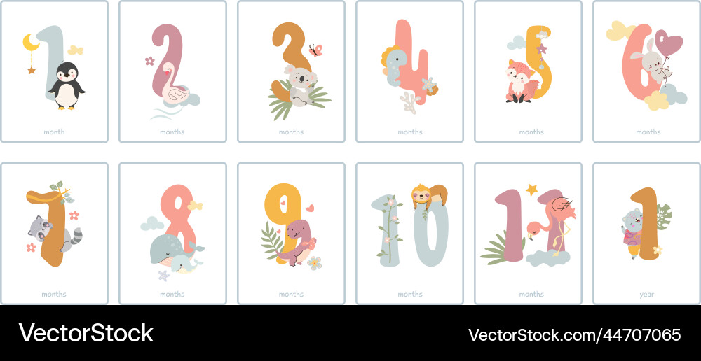 Baby Monthly Numbers - Cute Animals vector image