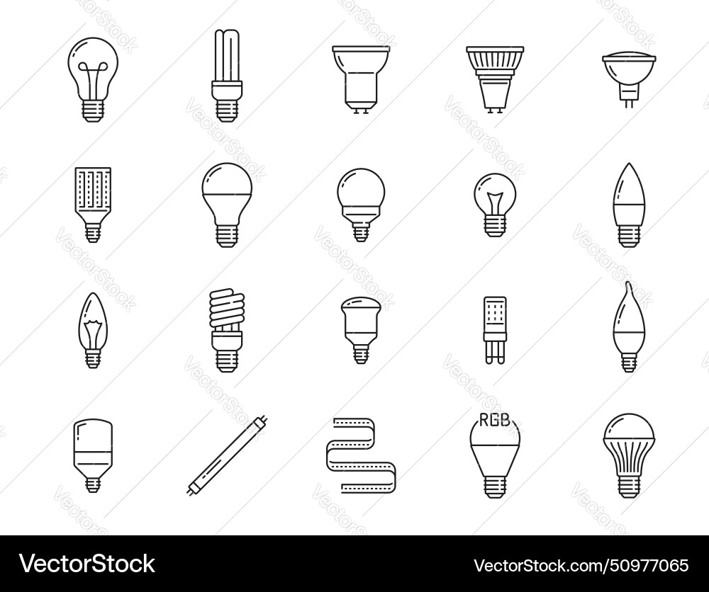 Light bulb and led lamp line icons isolated set vector image