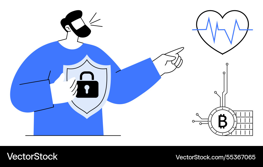 Man with shield bitcoin symbol and heartbeat line Man with shield bitcoin symbol and heartbeat line vector image