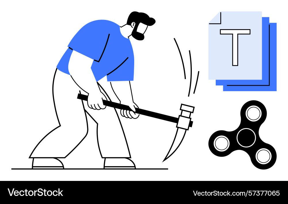 Worker with a pickaxe extracting resources near Worker with a pickaxe extracting resources near vector image
