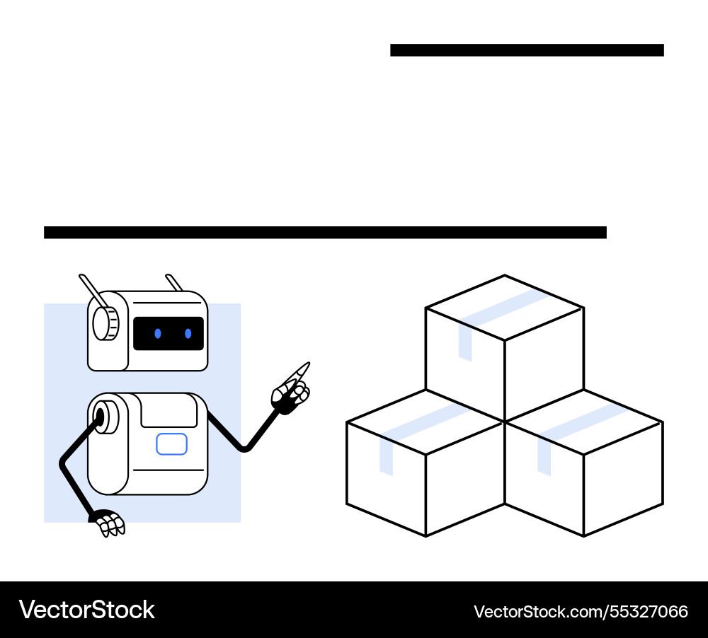 Friendly robot pointing at stacked boxes Friendly robot pointing at stacked boxes vector image