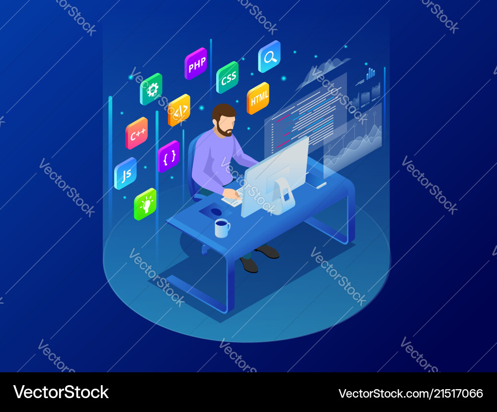 Isometrische Programmierer kodieren neues Projekt sitzen Isometrische Programmierer kodieren neues Projekt sitzen vektorbild