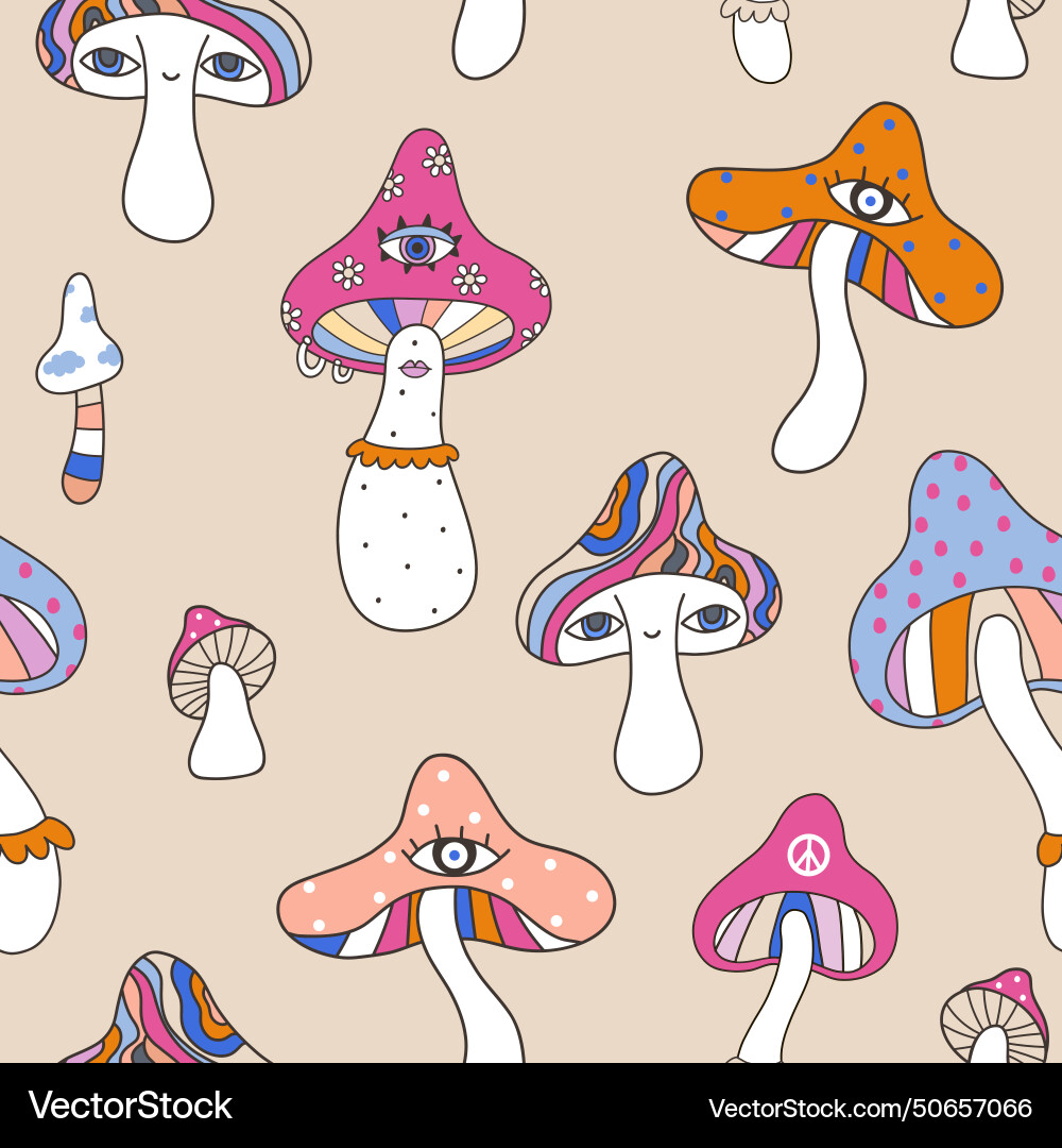 Lustige Hippie Pilz nahtlose Muster groovy Lustige Hippie Pilz nahtlose Muster groovy vektorbild
