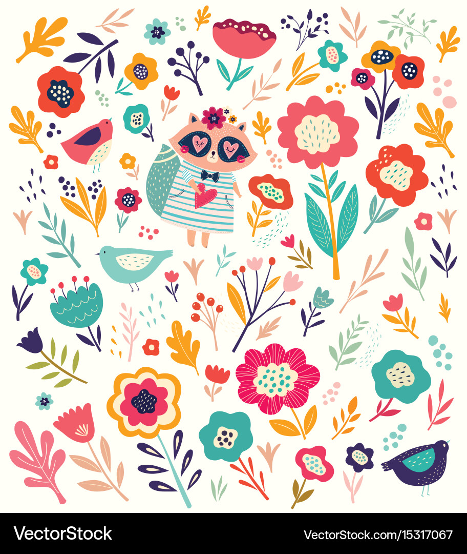 Raccoon Floral Pattern vector image