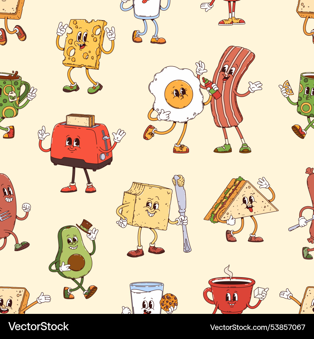 Retro Breakfast Characters Pattern vector image