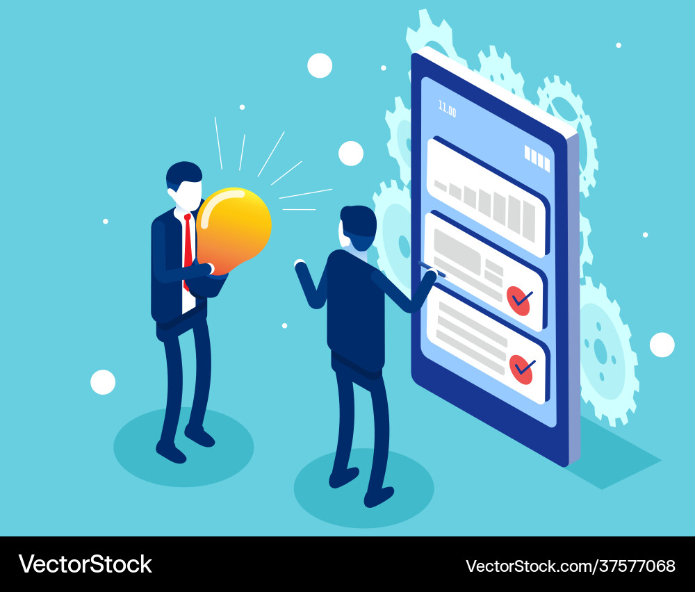 Business characters create new idea teamwork Business characters create new idea teamwork vector image