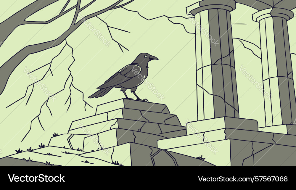 Crow on ancient stone column design generative ai Vector Image