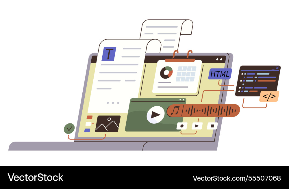 Laptop with multimedia and programming content Laptop with multimedia and programming content vector image