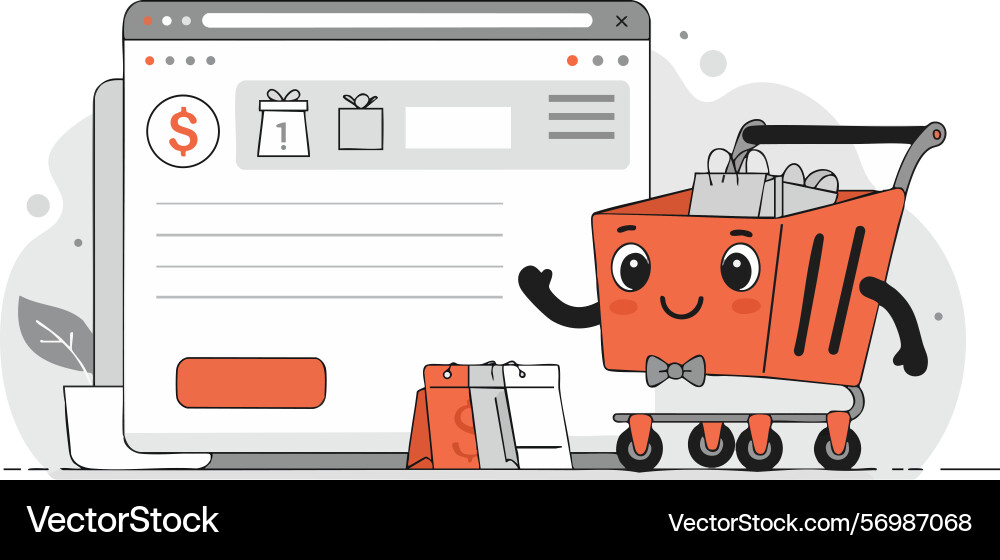 Online shopping cart with happy character and web Online shopping cart with happy character and web vector image