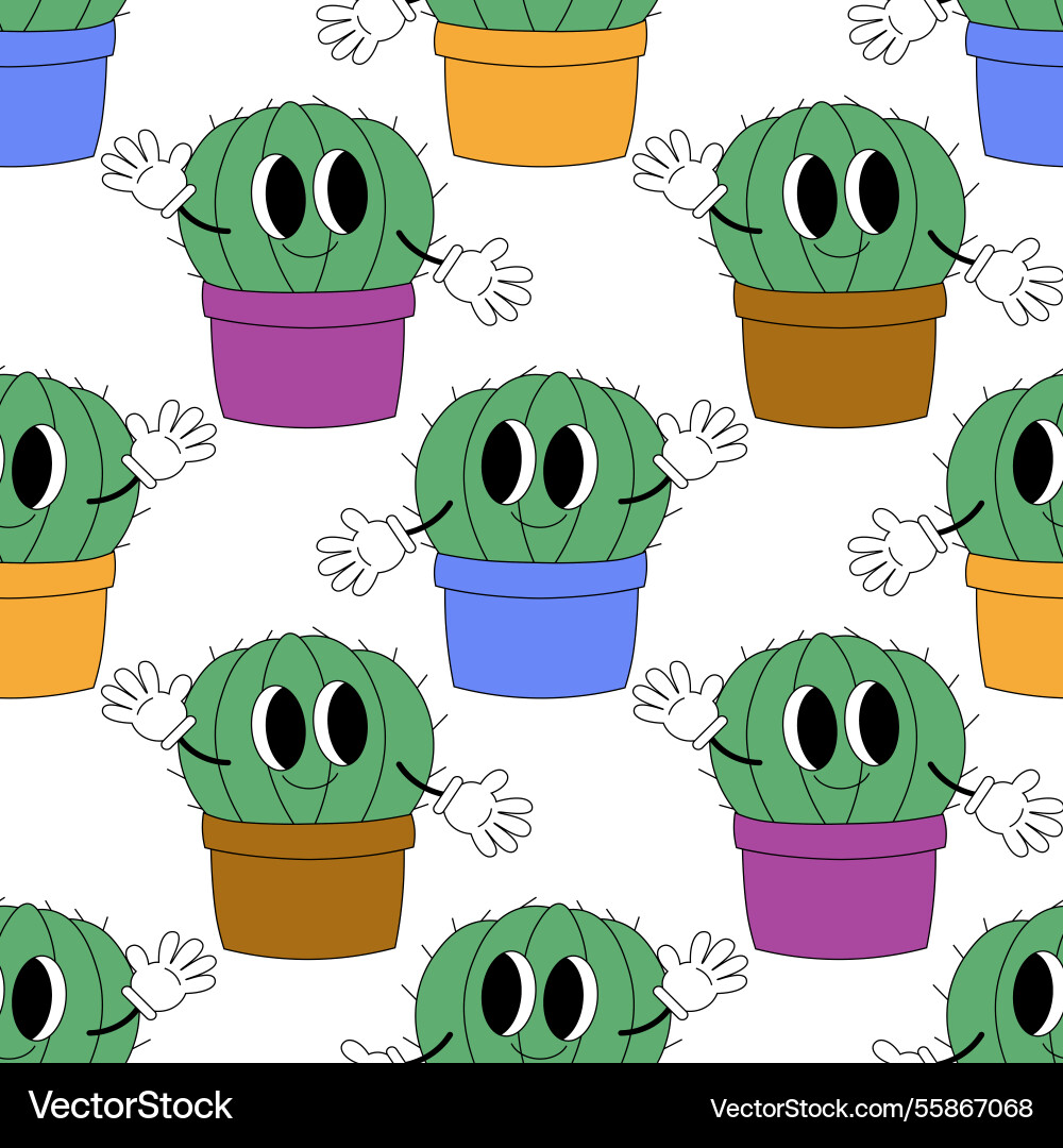Seamless pattern with groovy cactus Seamless pattern with groovy cactus vector image