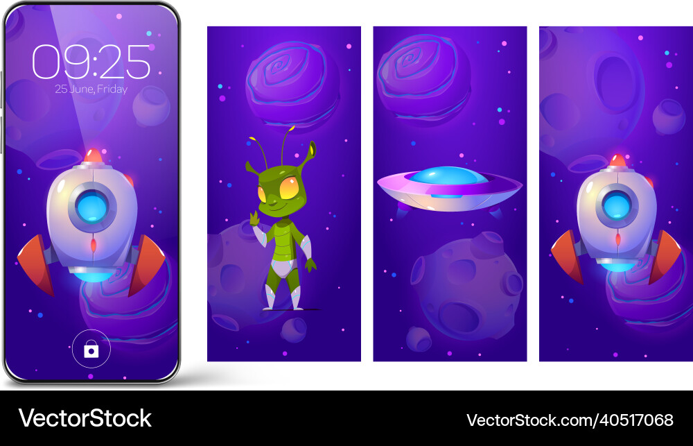 Smartphone lock screens with cartoon alien rocket Smartphone lock screens with cartoon alien rocket vector image