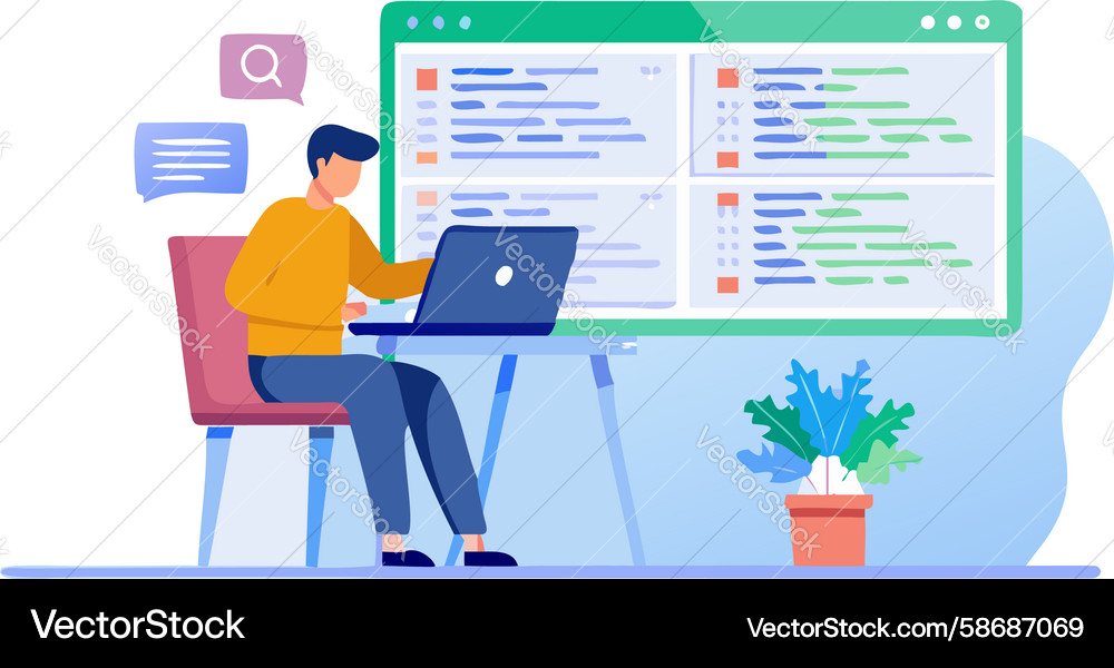 Person programming on laptop with digital code Vector Image