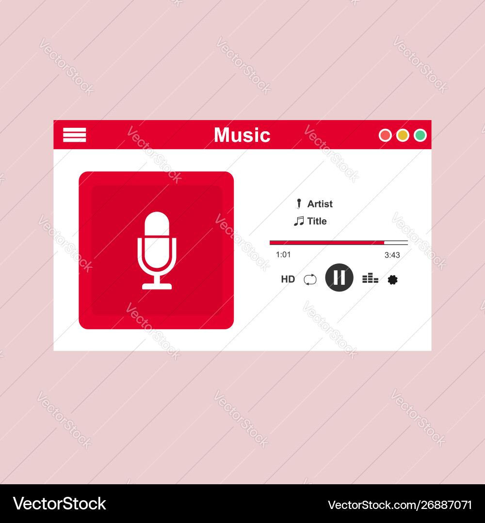 Media player application app template with flat vector image