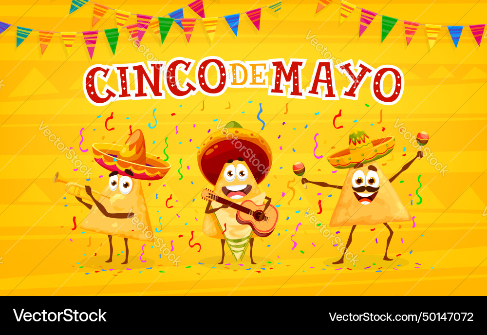 Mexican cinco de mayo banner nacho chips musicians Mexican cinco de mayo banner nacho chips musicians vector image