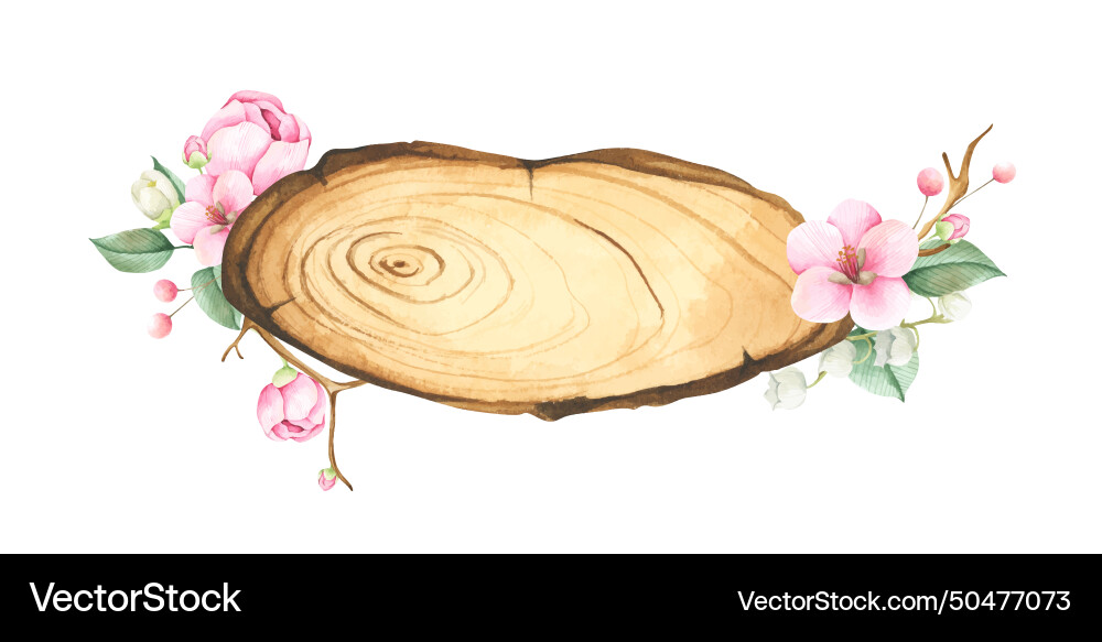 Holzscheibe mit Blumendekoration Aquarell Holzscheibe mit Blumendekoration Aquarell vektorbild