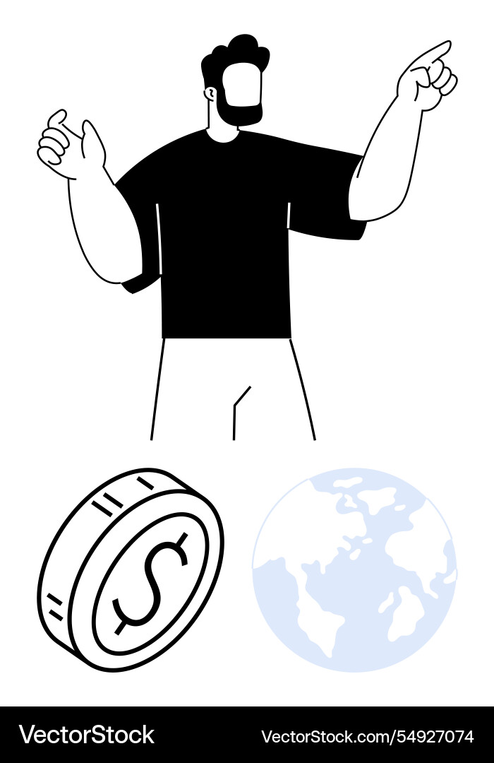 Confident man gesturing with coin and global map Vector Image