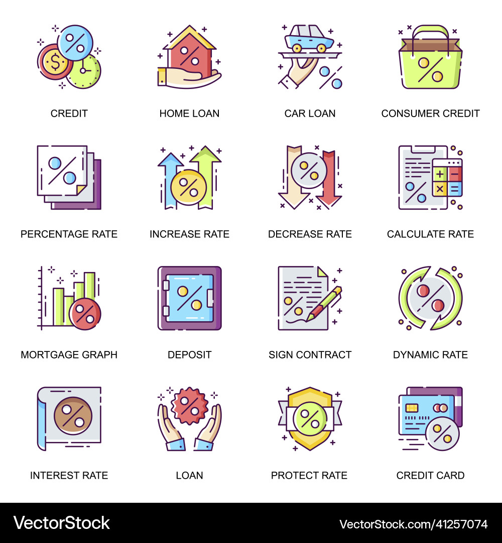 Credit and loan flat icons set car mortgage Credit and loan flat icons set car mortgage vector image