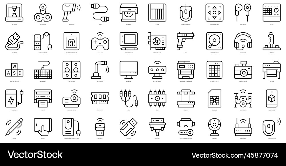 Set of thin line computer peripherals icons Set of thin line computer peripherals icons vector image