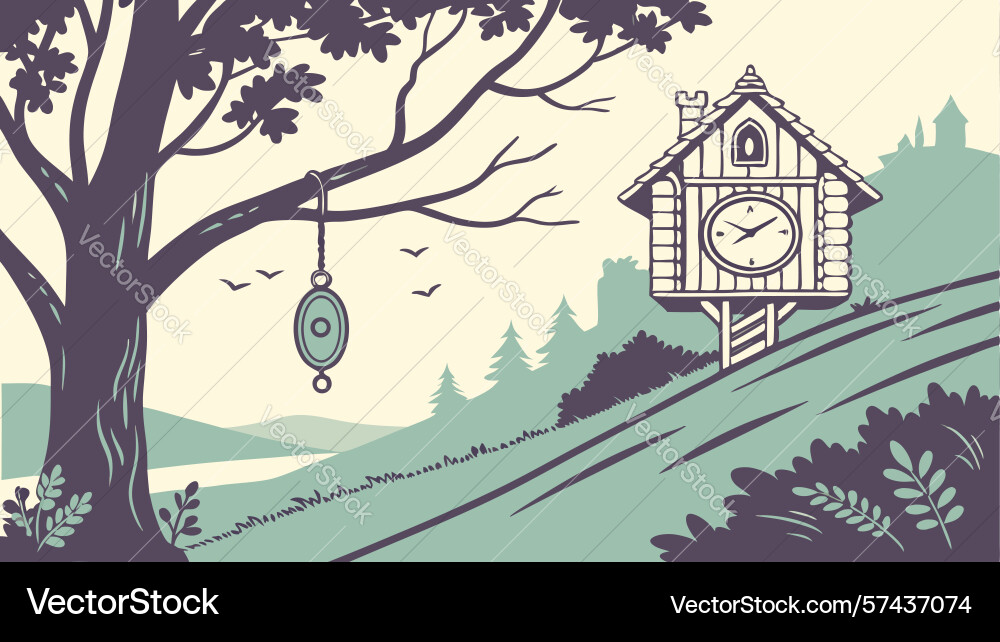 Tree with hanging cuckoo clocks design vector image