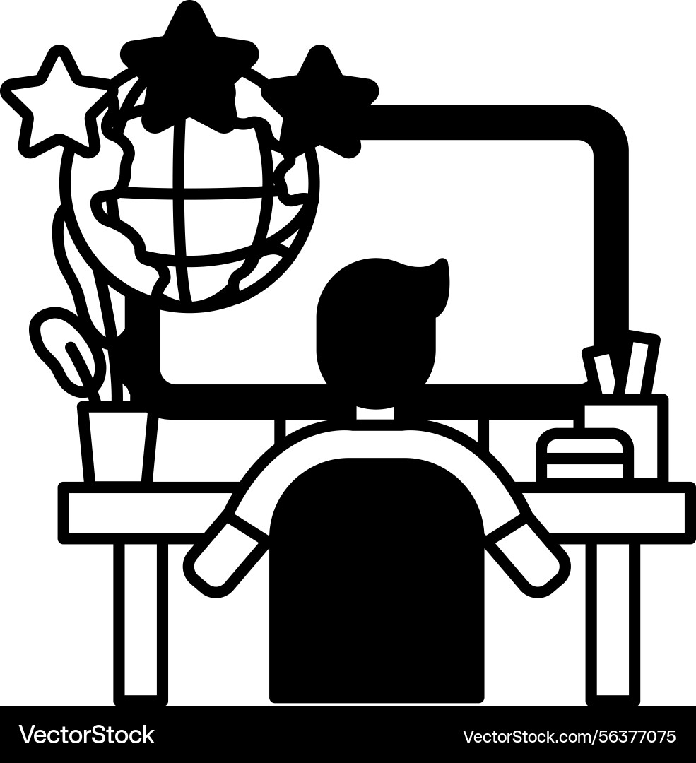 Man is sitting at a desk with computer monitor Man is sitting at a desk with computer monitor vector image