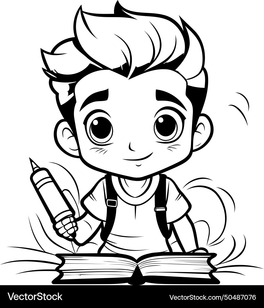 Cute boy studying - black and white cartoon Vector Image