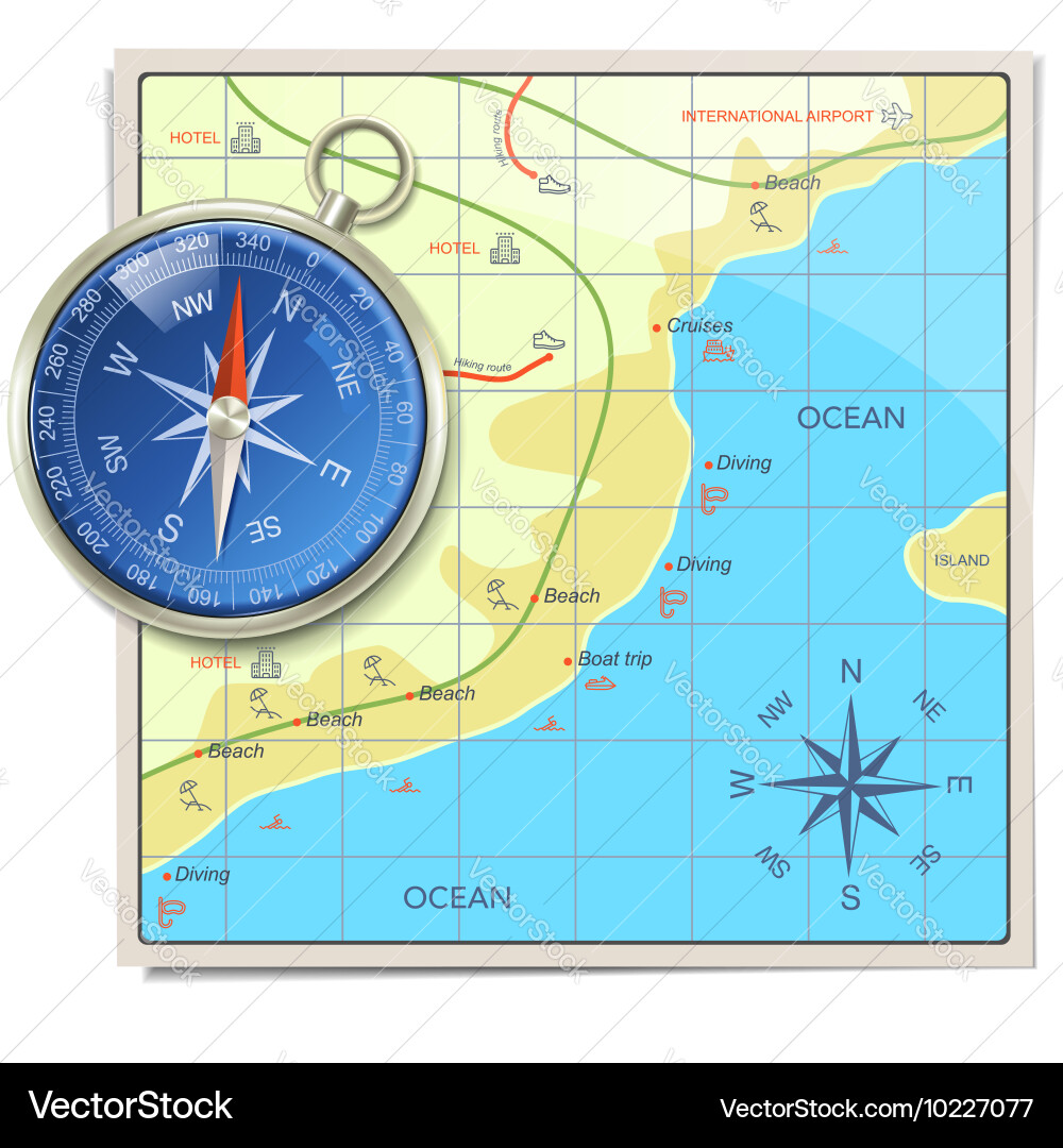 Beach Navigation Map with Compass Vector Image