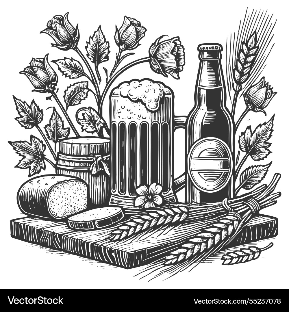 Bier noch Leben mit Brot Gerste Blumen Bier noch Leben mit Brot Gerste Blumen vektorbild