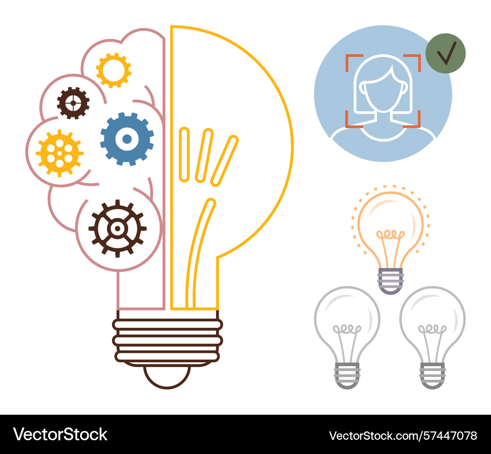 Brain and lightbulb fusion with gears representing vector image