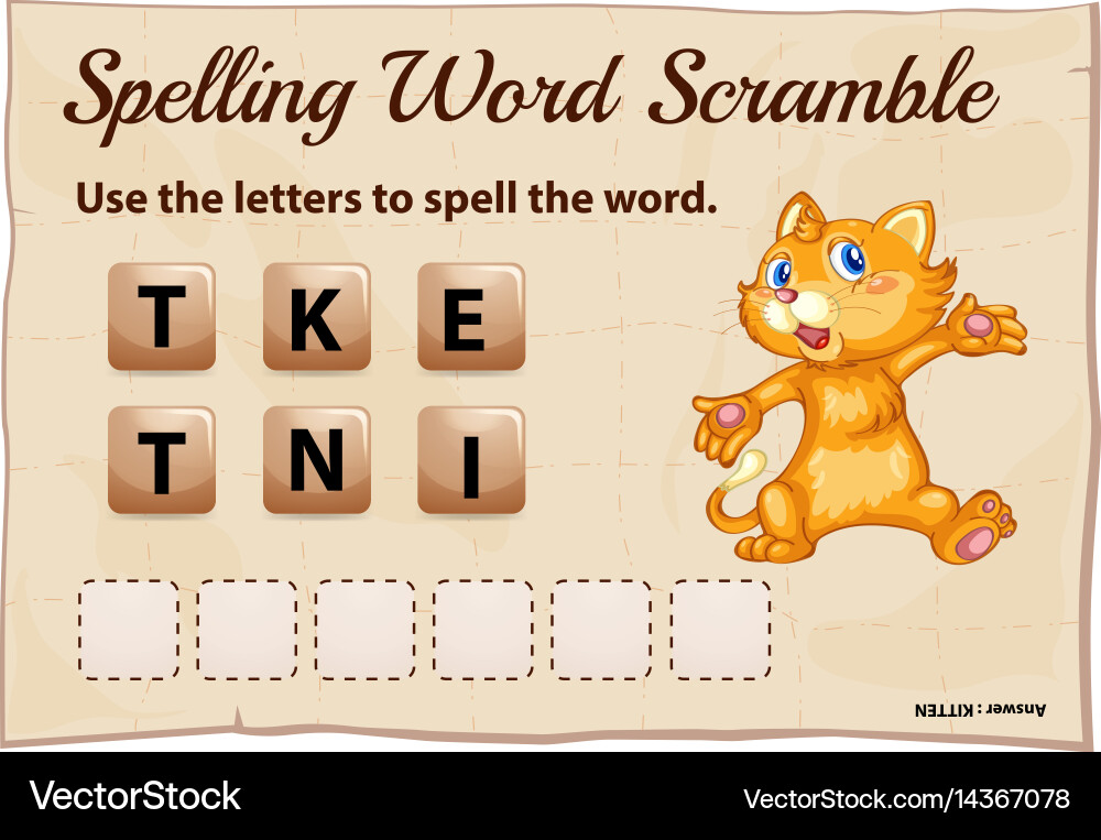 Spelling word scramble game with kitten vector image