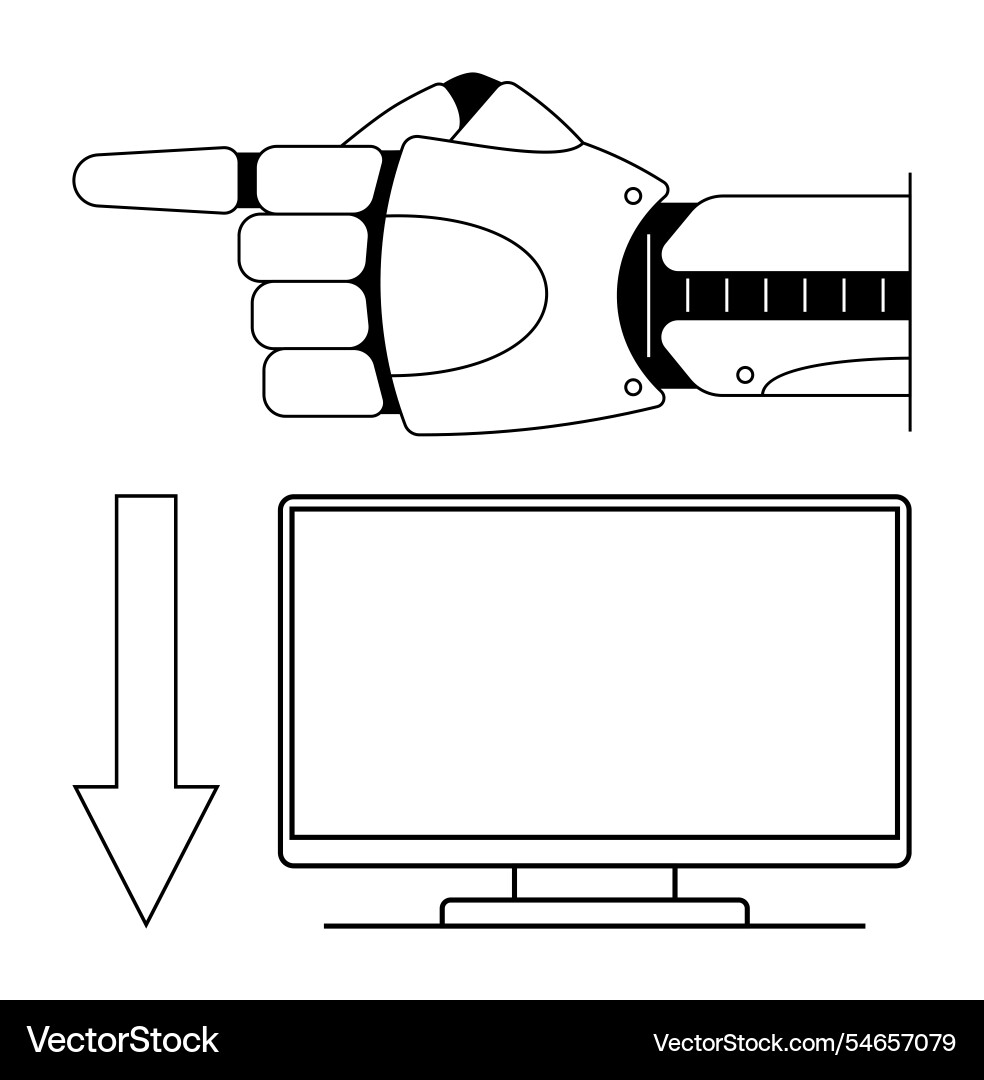 Futuristic robot hand pointing toward computer Futuristic robot hand pointing toward computer vector image