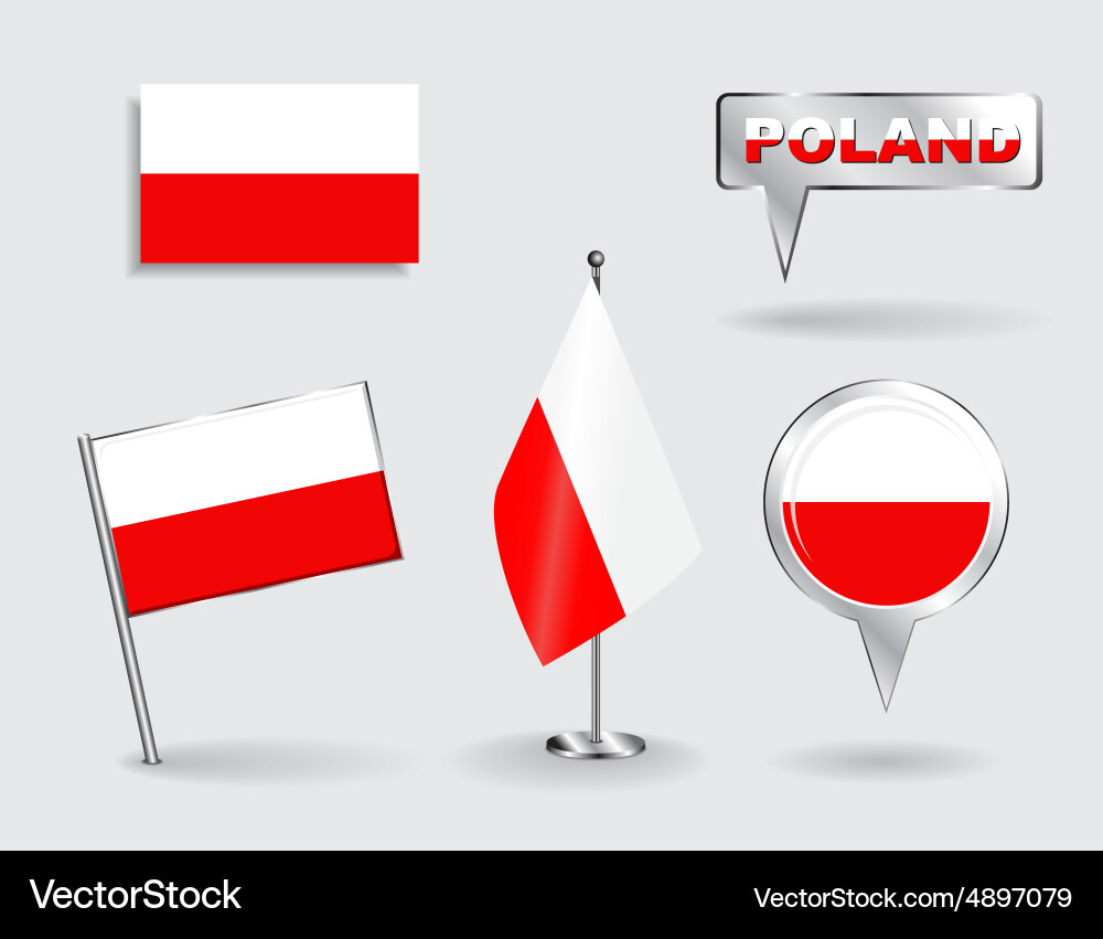 Set of polish pin icon and map pointer flags vector image