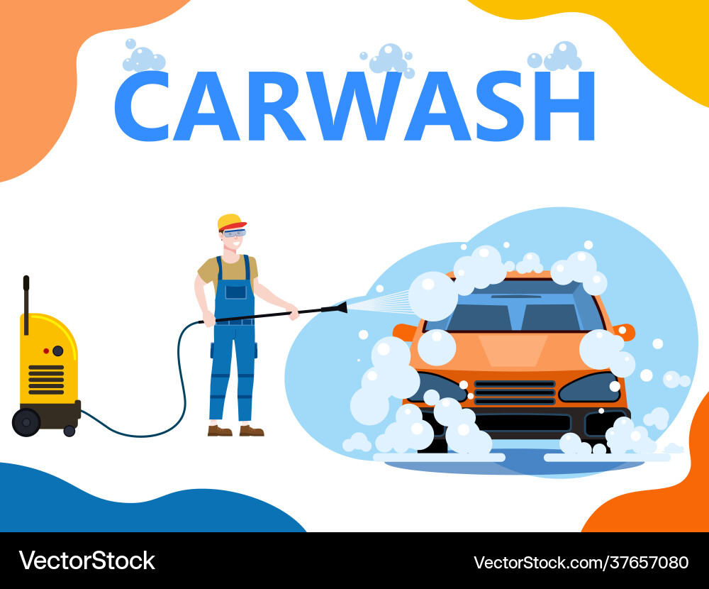 Car wash center station landing auto service man Car wash center station landing auto service man vector image
