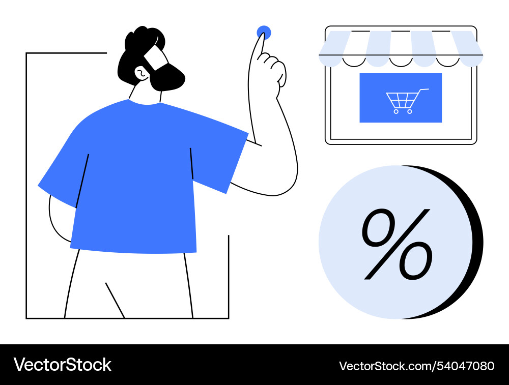 Man clicking button with shopping cart storefront Man clicking button with shopping cart storefront Vector Image