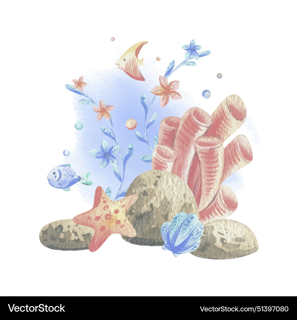 Sea corals algae shells starfish fish bubbles Vector Image