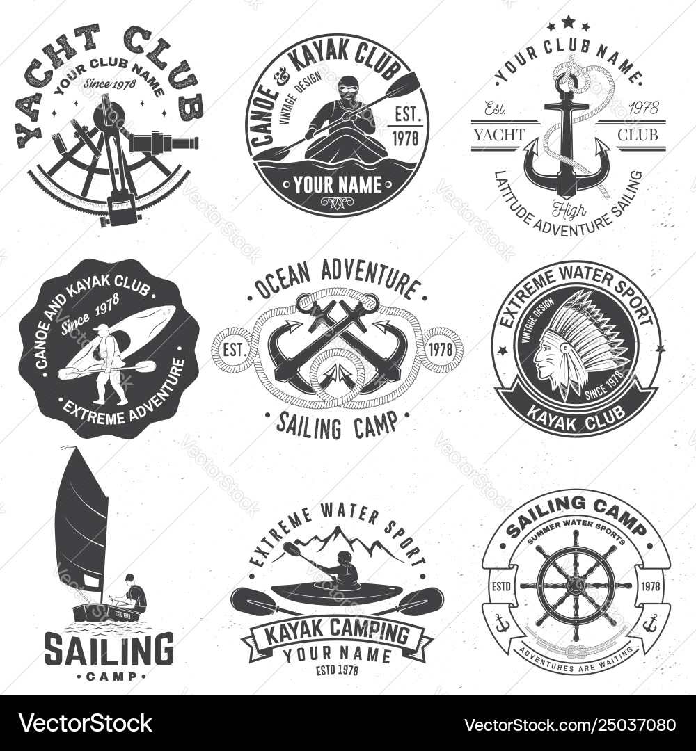 Set sailing camp canoe and kayak club badges Set sailing camp canoe and kayak club badges vector image