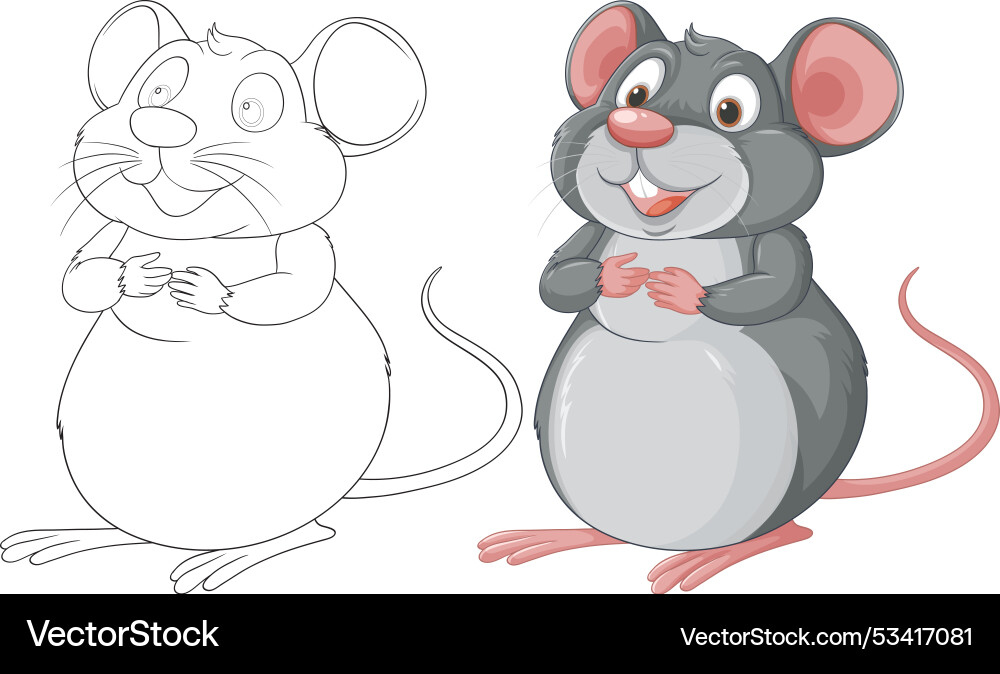 Adorable mouse in color and outline versions vector image