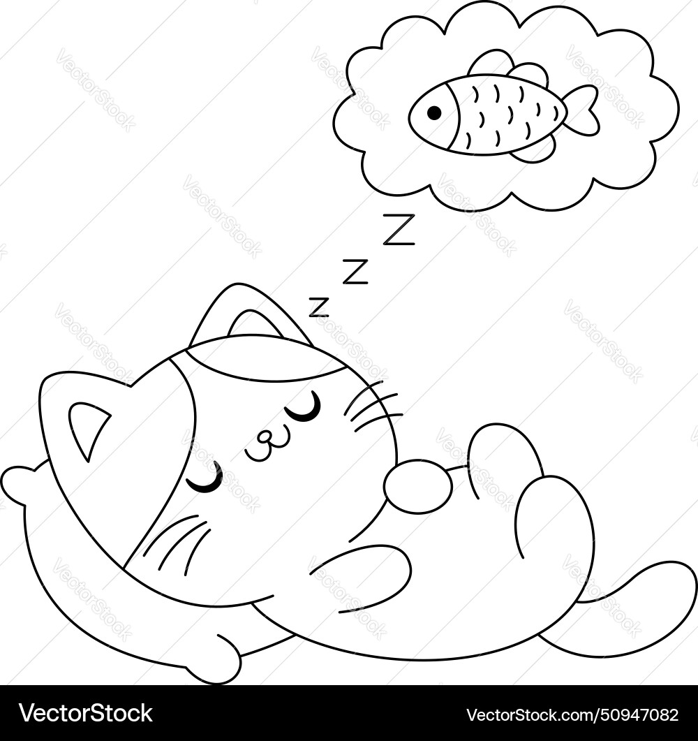 Cute cat is sleeping and dreaming coloring page Vector Image