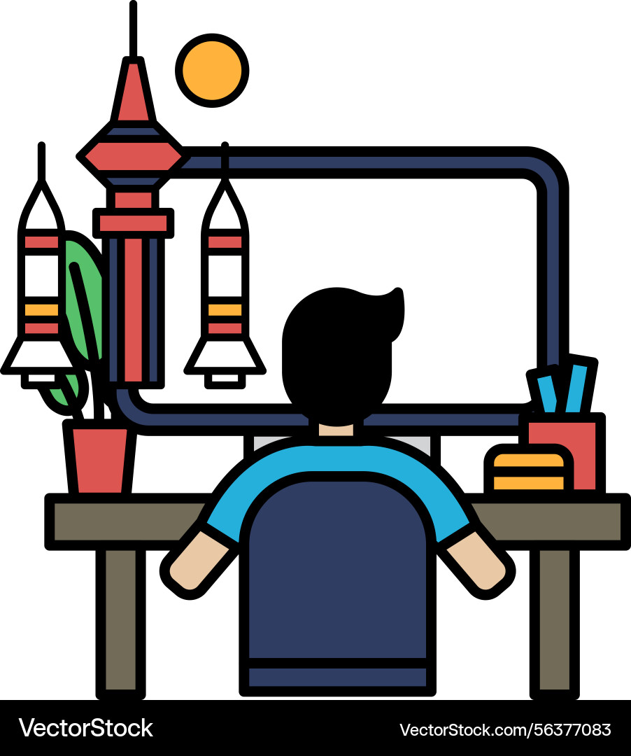 A man is sitting at desk with computer A man is sitting at desk with computer vector image