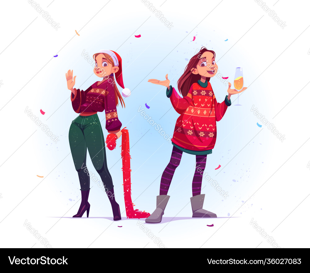Frauen in Pullovern feiern Weihnachten Frauen in Pullovern feiern Weihnachten vektorbild