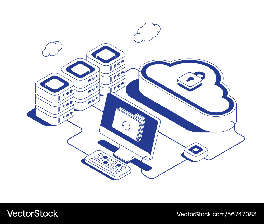 Secure cloud backup system with pc server racks Secure cloud backup system with pc server racks vector image