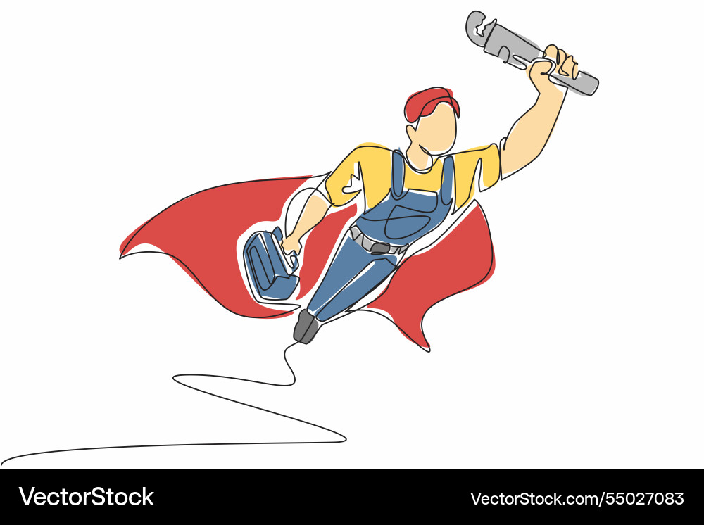 Single one line drawing male plumber flying Vector Image