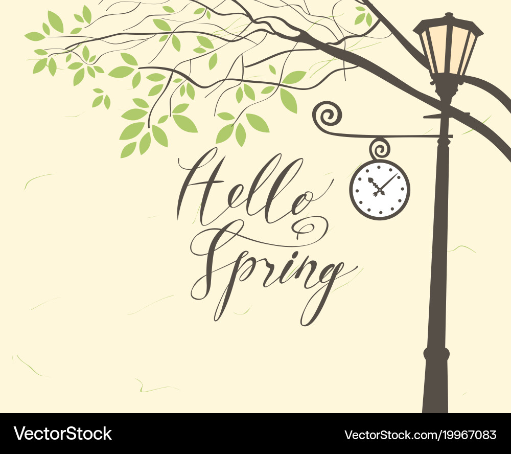 Spring landscape with trees in the park and clock vector image