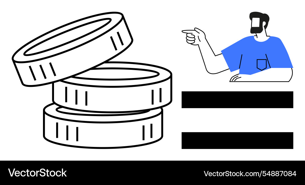 Man pointing towards stacked coins and equal sign Man pointing towards stacked coins and equal sign Vector Image
