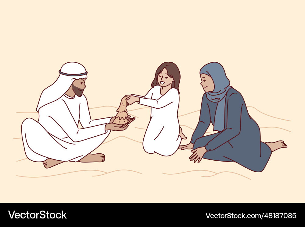Arabische Familie sitzt in der Wüste mit Dünen spielen Arabische Familie sitzt in der Wüste mit Dünen spielen Vektorbild