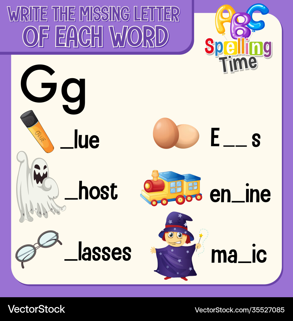 Fill missing letter each word worksheet Royalty Free Vector