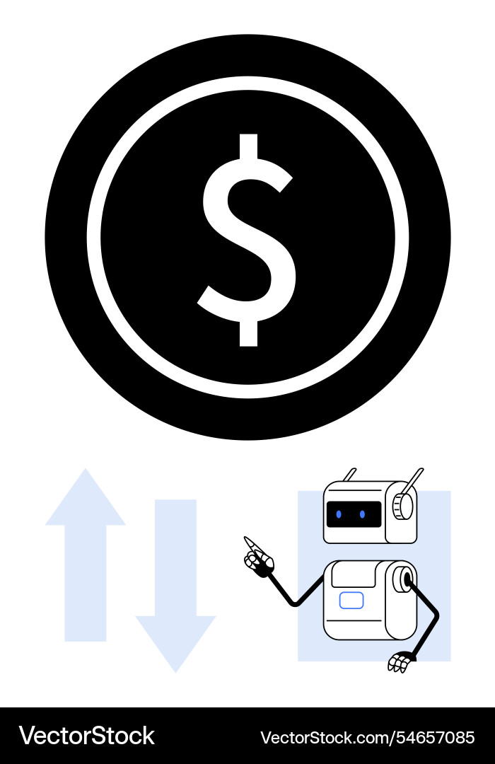 Robot pointing at dollar coin with financial up Robot pointing at dollar coin with financial up vector image
