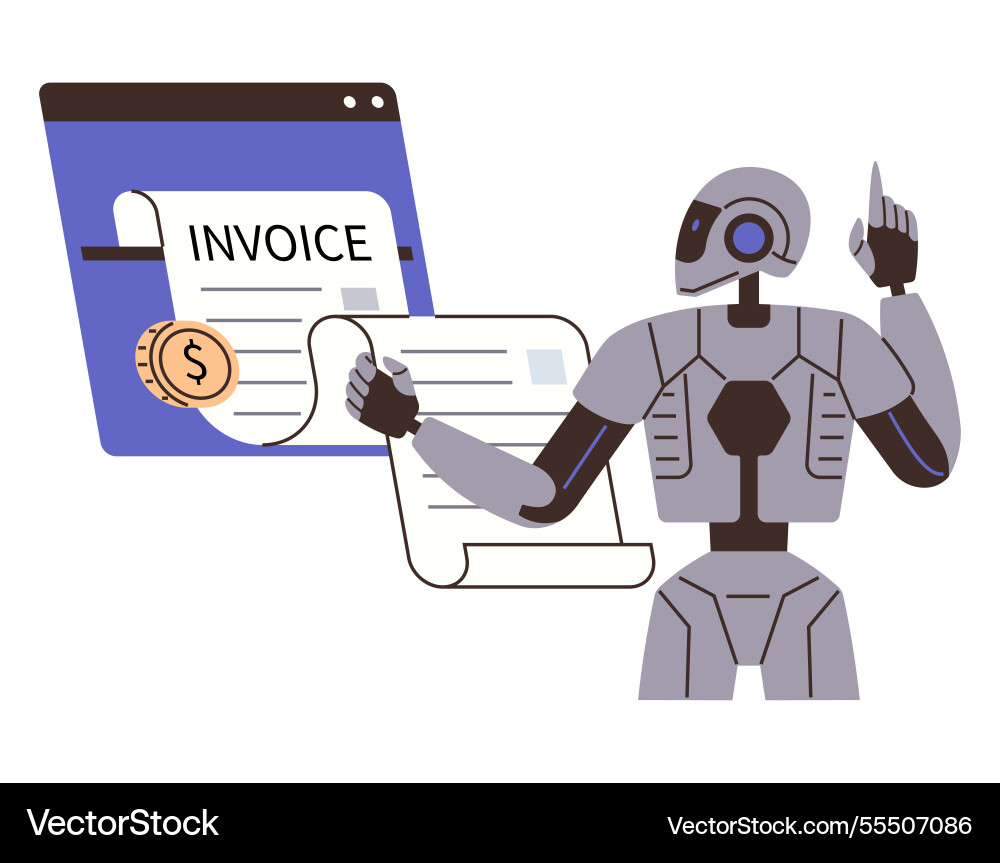 Robot automating online invoice processing Robot automating online invoice processing vector image