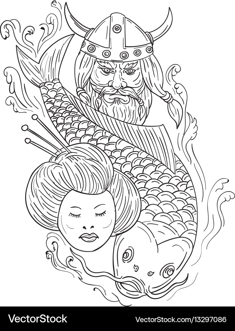 Viking carp geisha head black and white drawing Viking carp geisha head black and white drawing vector image